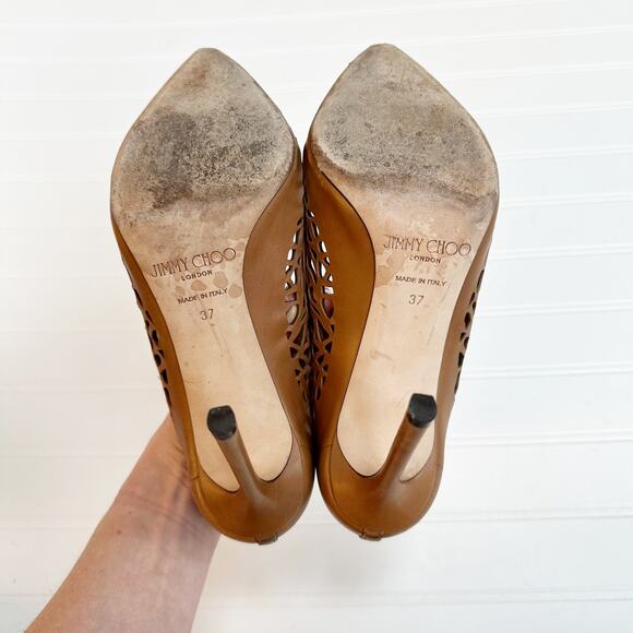 Jimmy Choo Romy 100 Brown Laser Cut Leather Pumps Heels Perforated Canyon 37 - Picture 11 of 14